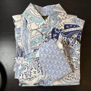 Taylor Byrd Mens M White with Blue Paisley, Fabric Flip Cuffs Dress Shirt